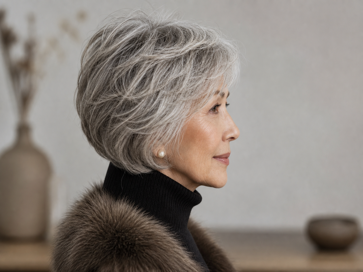 Layered Grey Pixie — Winter Hair Colors for Women Over 70