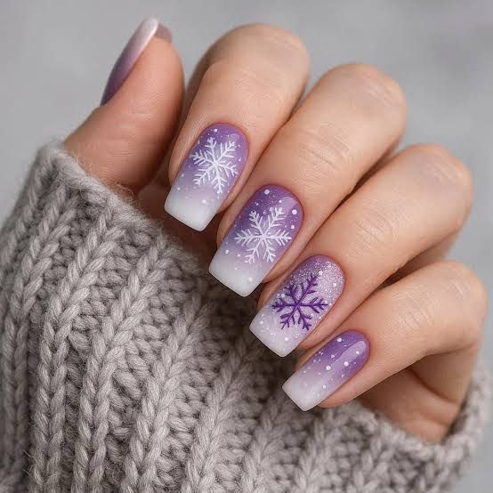 Purple White Gradient Snowflake Square Nails Purple White Gradient Snowflake Square Nails β Winter Nail Trends