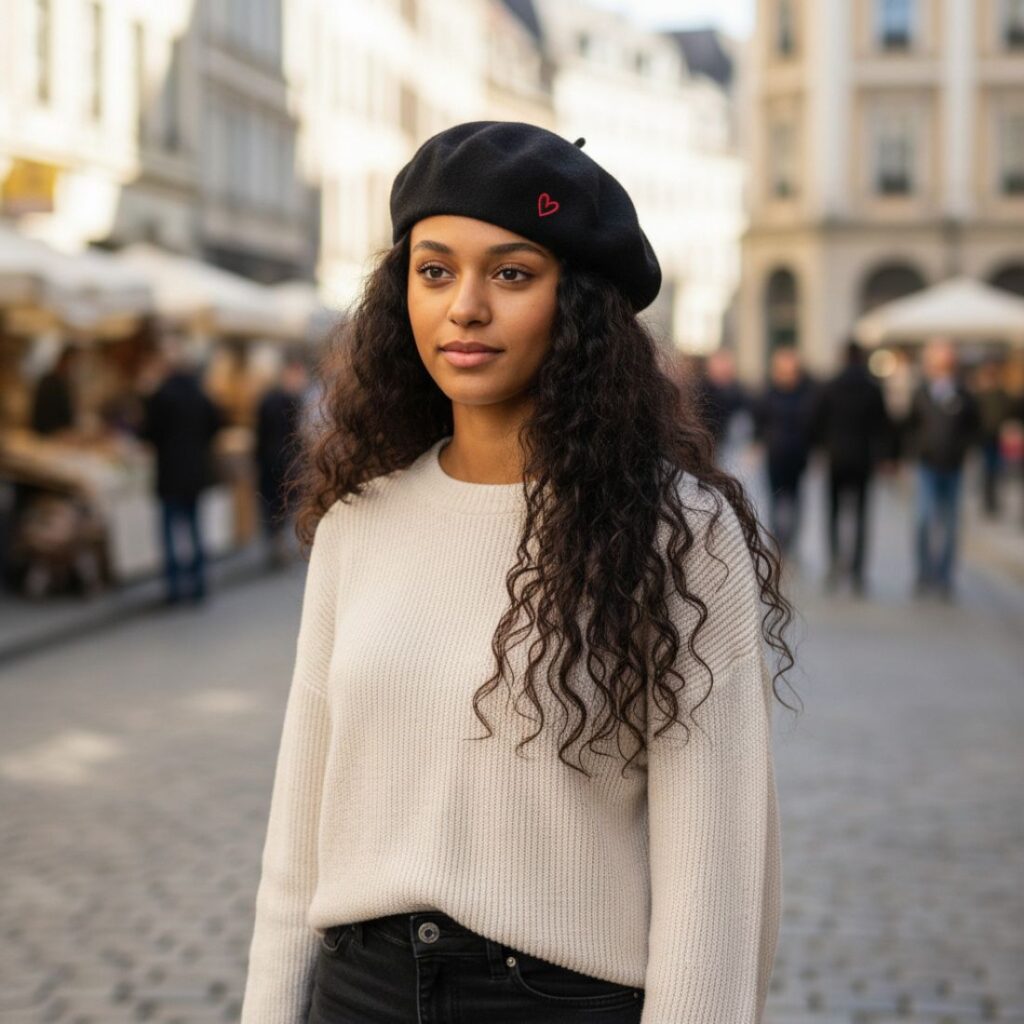 Chic Black Leather Beret with Structured Blazer and Gold Accents Chic Black Leather Beret with Structured Blazer and Gold Accents β Beret Outfits
