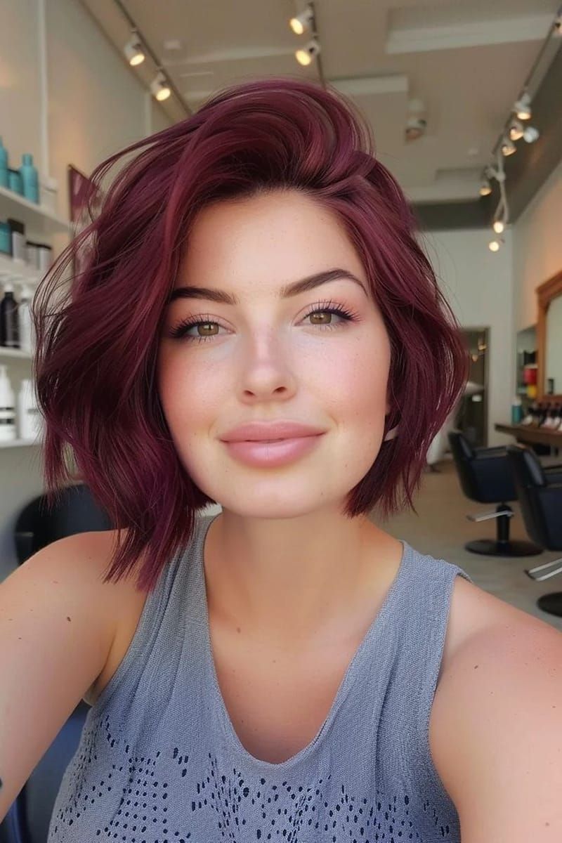 Chin-Length Wavy Bob With Subtle Dimension — Cherry Cola Hair Color