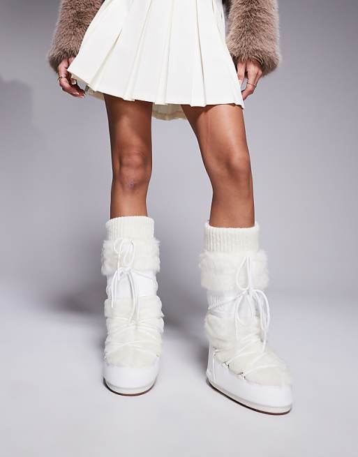 Fluffy Winter Ensemble: White Faux Fur Boots with Knitwear — Moon Boots Outfits