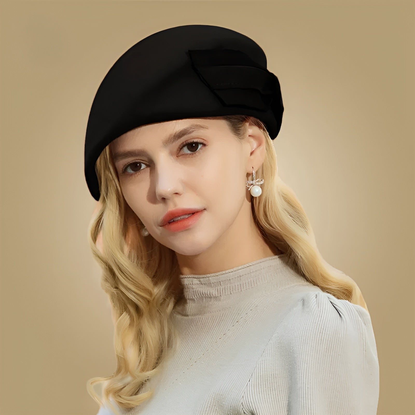 Black Beret with Bow Detail and Grey Knit Top for Chic Casual Wear Beret Outfits