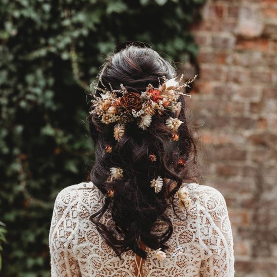 Dark Brown Half-Up Floral Crown — Winter Wedding Hairstyles