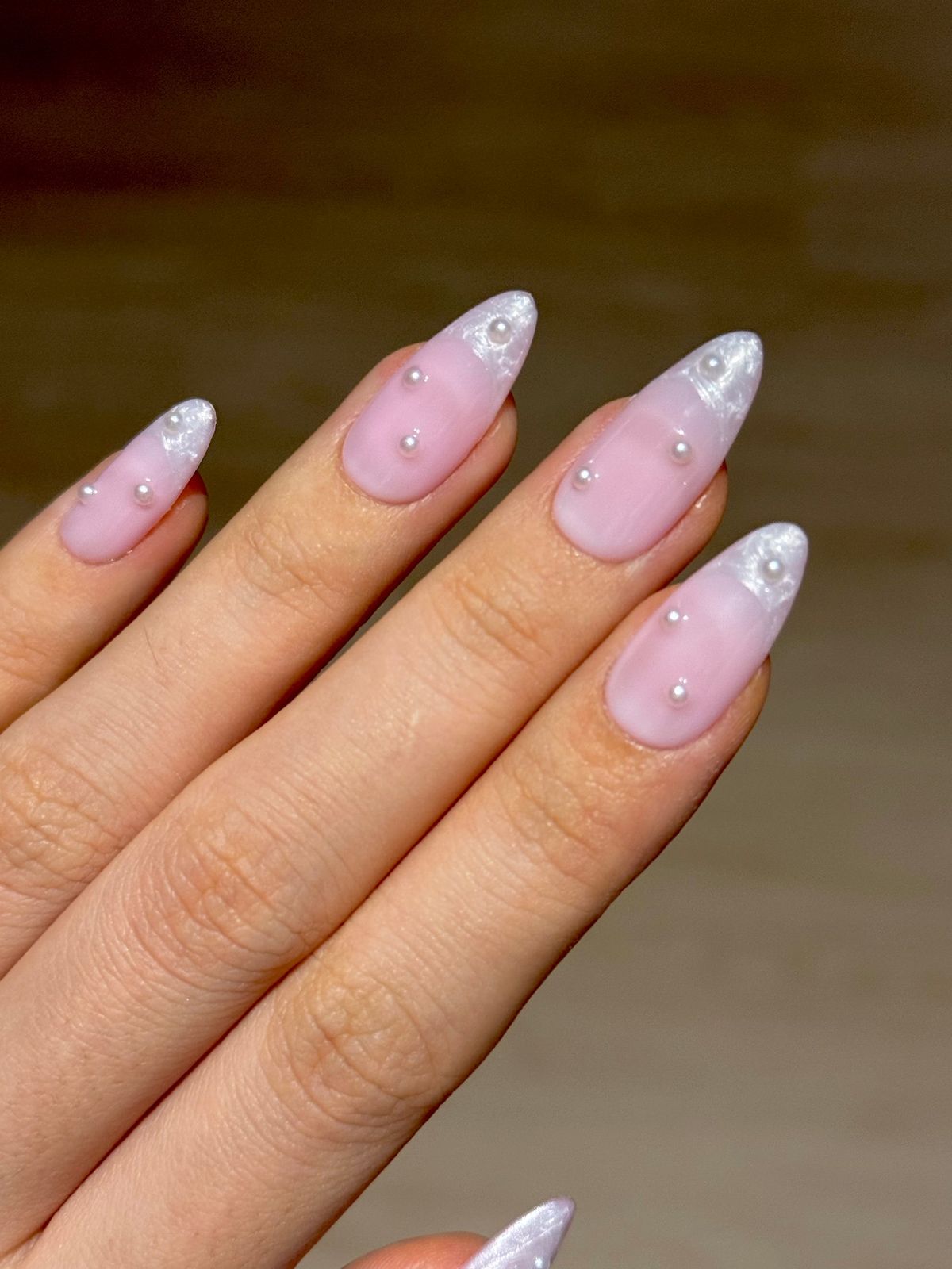 Sheer Pink Pearl Frost Almond Nails — Winter Pearl Nails