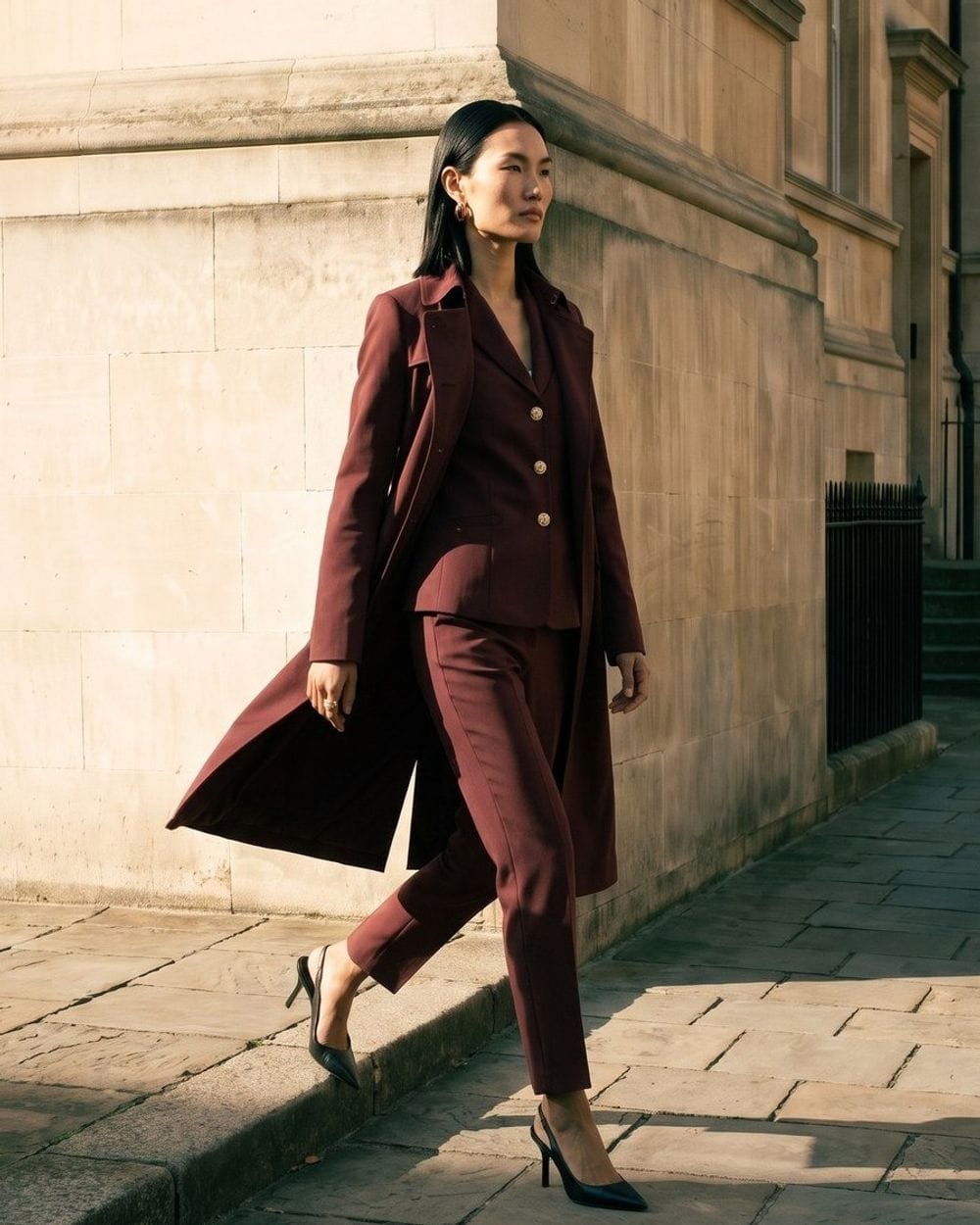 Burgundy Suit and Trench Coat Combination for Smart City Wear Burgundy Outfits