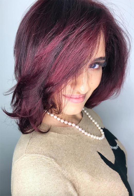 Medium Plum Angled Bob With Textured Ends Medium Plum Angled Bob With Textured Ends β Plum Hair Color
