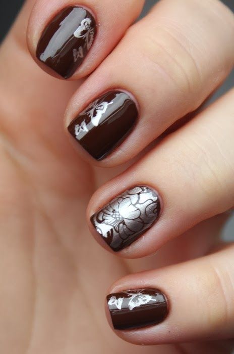 Deep Brown Glossy with Silver Florals Deep Brown Glossy with Silver Florals β Chocolate Brown Nails
