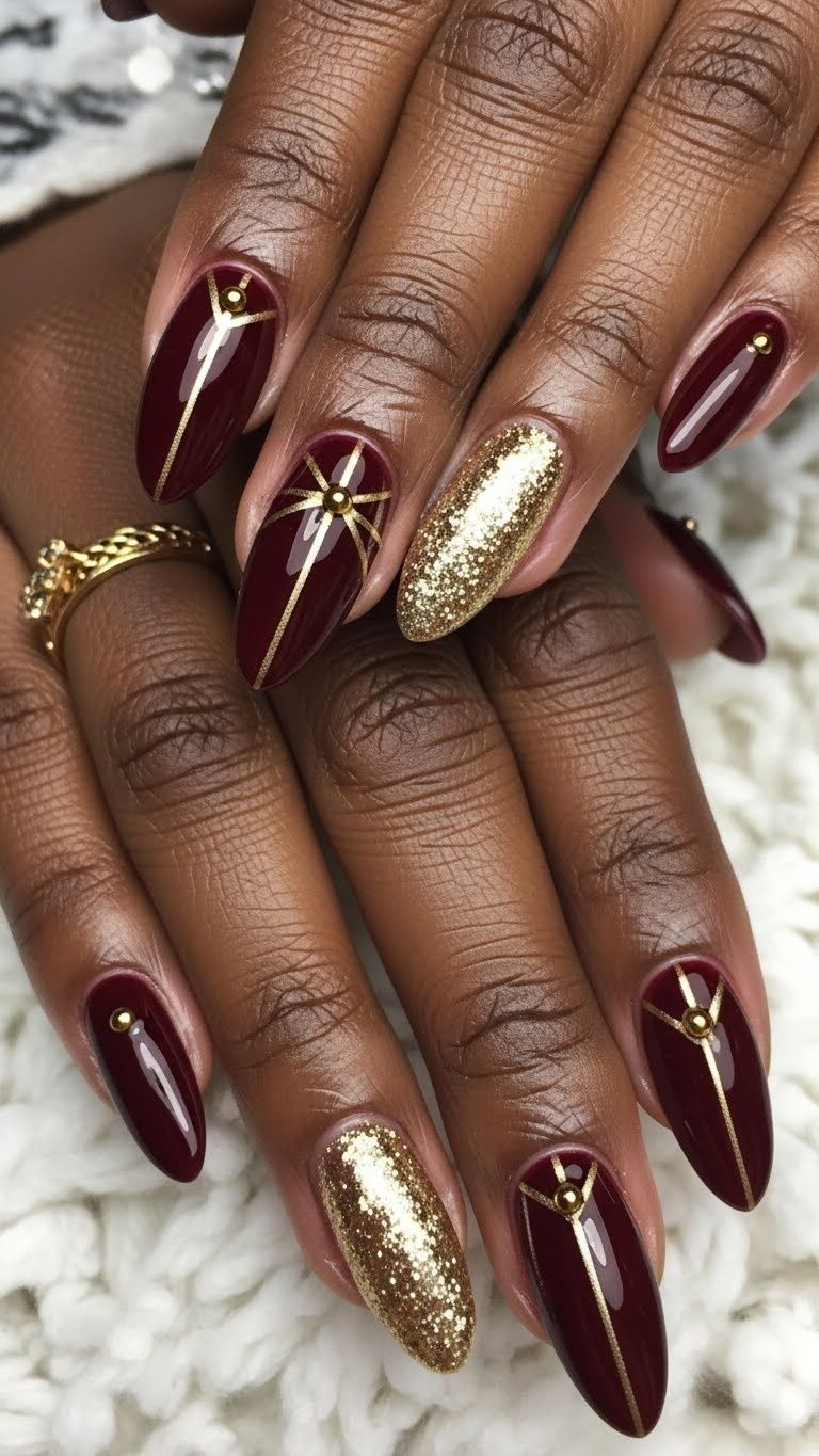 Burgundy and Gold Glitter Geometric Nails Burgundy and Gold Glitter Geometric Nails β Winter Nail Colors for Dark Skin