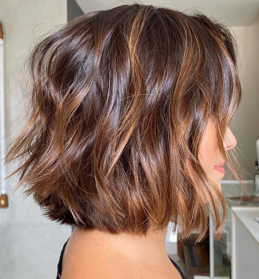 Caramel Highlighted Wavy Bob — Winter Hair Colors for Short Hair
