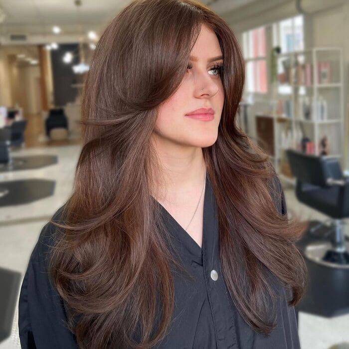 Thick Dark Brown Straight With Long Fringe — Winter Haircuts for Long Faces