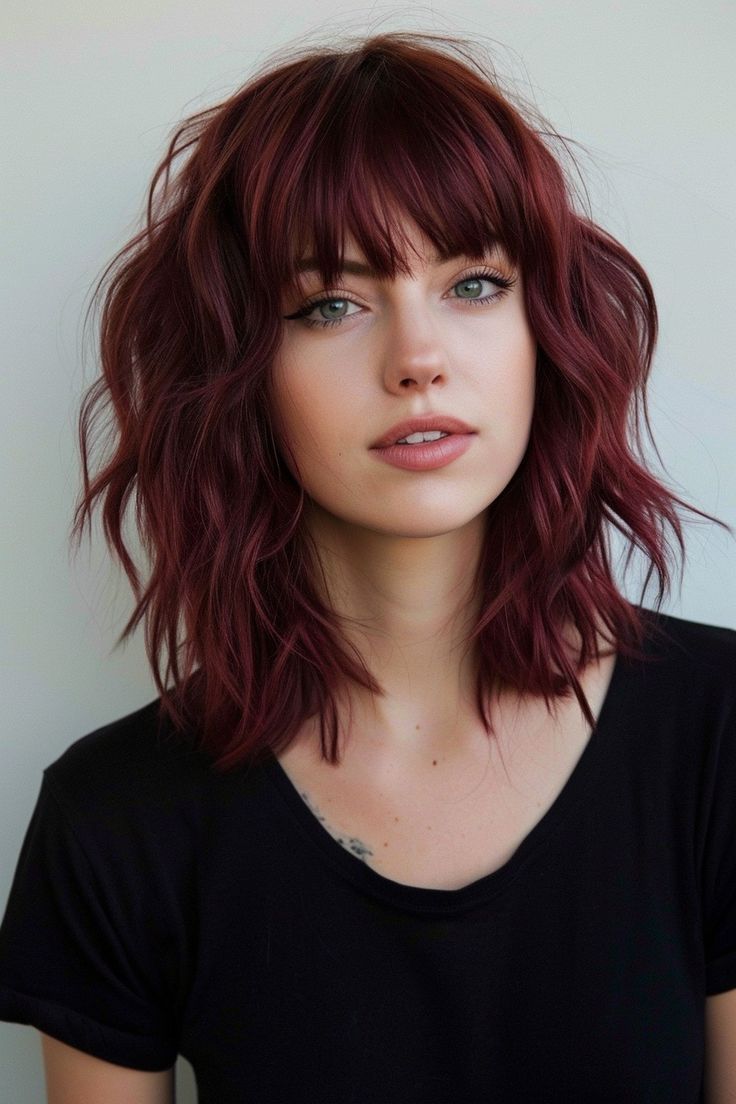 Deep Wine Red Shag With Full Bangs — Winter Hair Colors