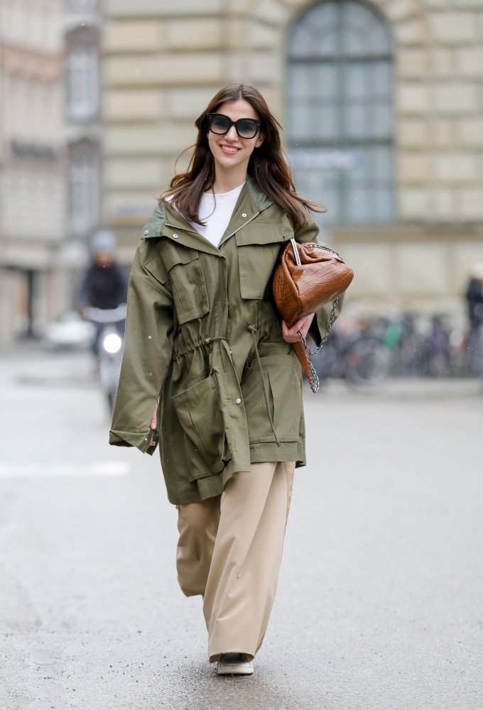 Utility Green Parka with White Tee and Wide-Leg Pants — Parka Outfits