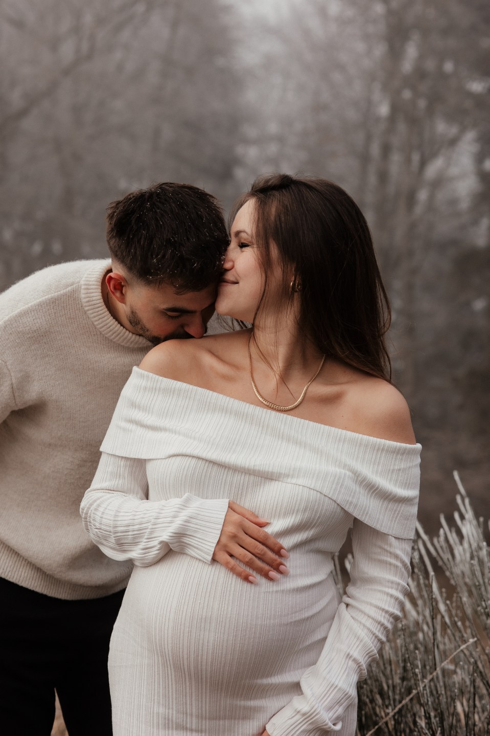 Off-the-Shoulder Ribbed Dress for a Maternity Winter Photoshoot — Winter Photoshoot Outfits