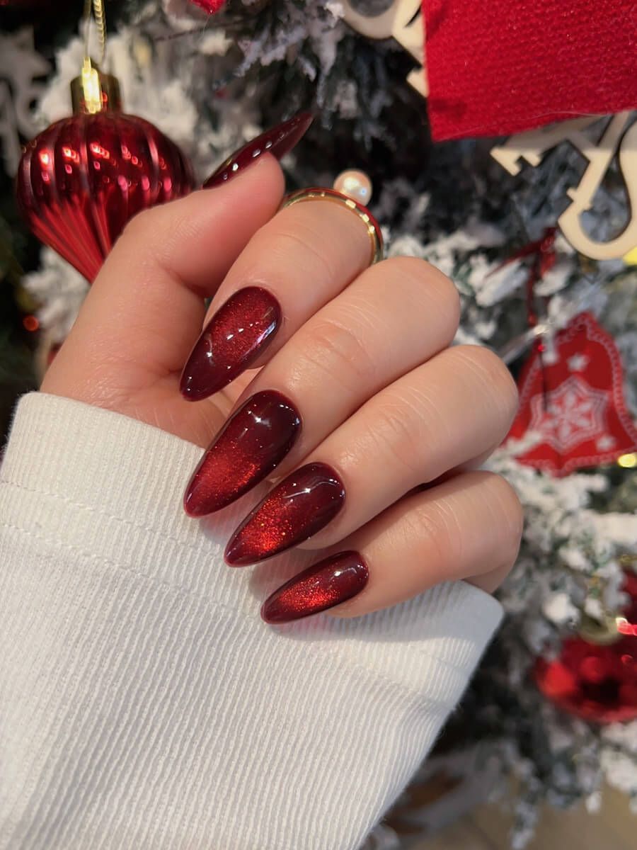 Cat-Eye Effect On All Nails Visual Idea Cat-Eye Effect On All Nails Visual Idea β Wine Christmas Nails 2026