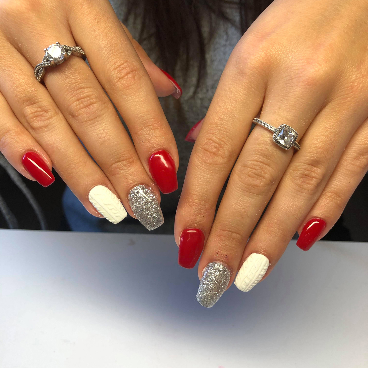 Matte Red, Silver Glitter, Cable Knit — Winter Gel Nails