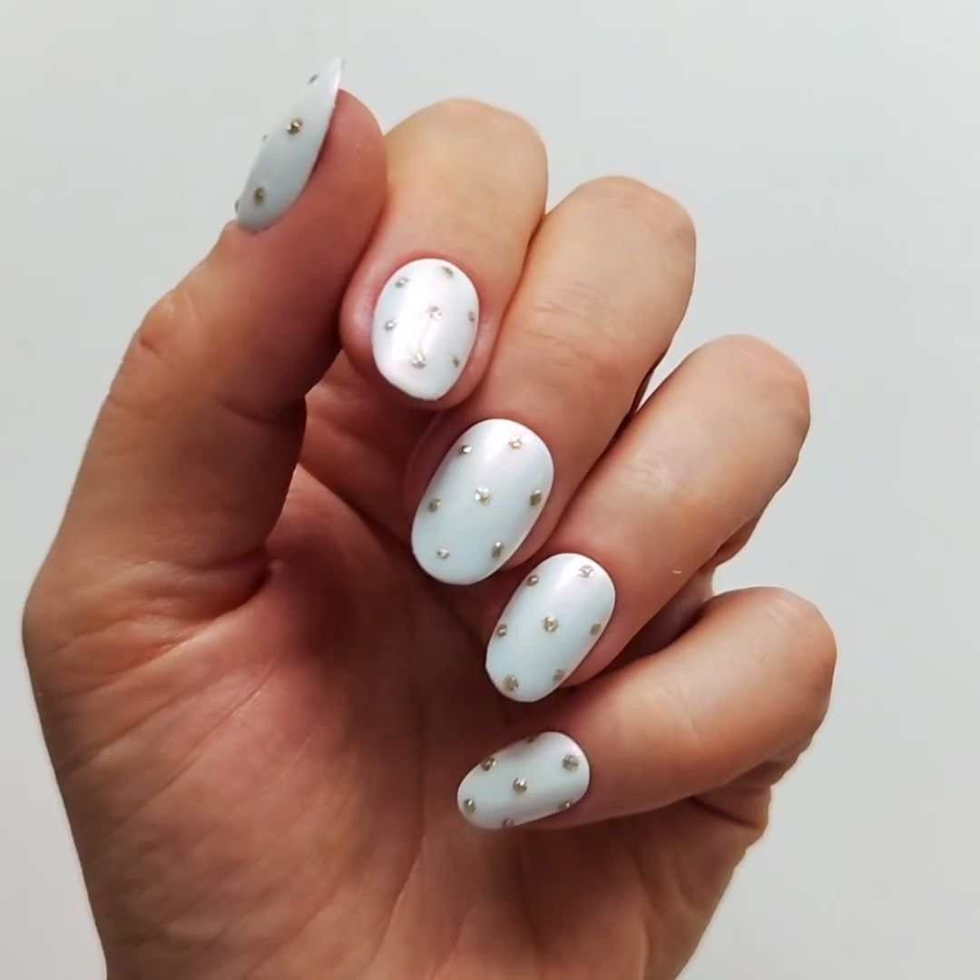Glossy White with Gold Dot Accents Glossy White with Gold Dot Accents β Winter White Nails