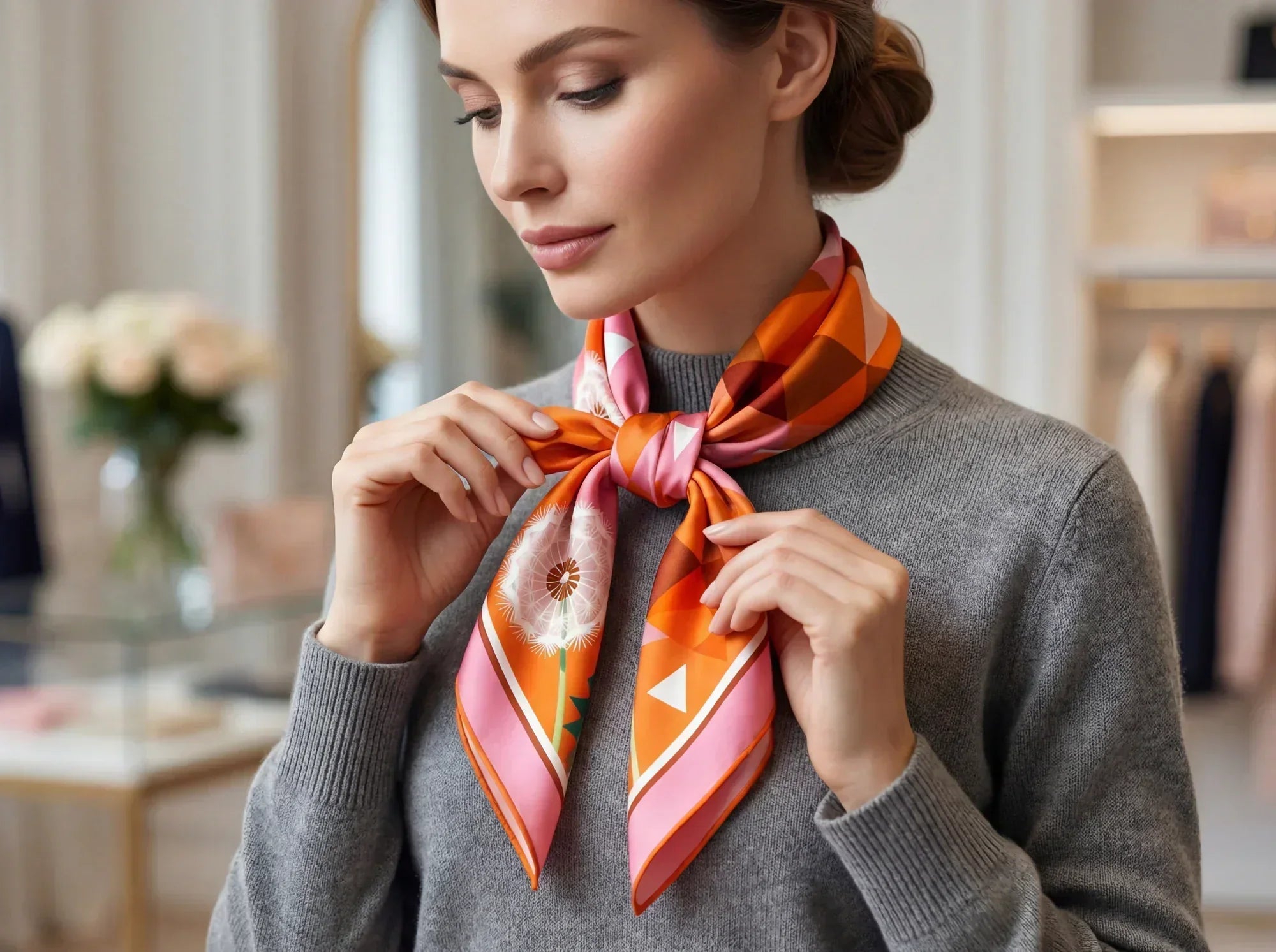Vibrant Geometric Scarf Elevating a Grey Knit Sweater Vibrant Geometric Scarf Elevating a Grey Knit Sweater β Scarf Outfits
