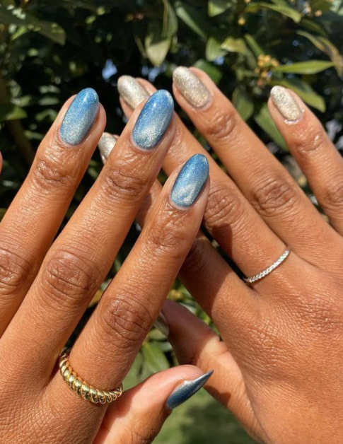 Vibrant Blue Silver Cat-Eye Short Almond Nails Vibrant Blue Silver Cat-Eye Short Almond Nails β Velvet Nails