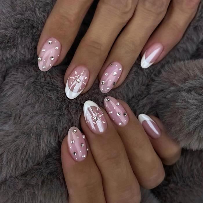 Pale Pink Snowflake French Almond Nails Pale Pink Snowflake French Almond Nails β New Years Acrylic Nails 2027