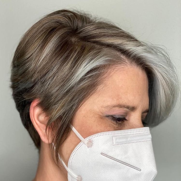 Pixie With Side Bangs and Gray Highlights Pixie With Side Bangs and Gray Highlights β Gray Blending Highlights