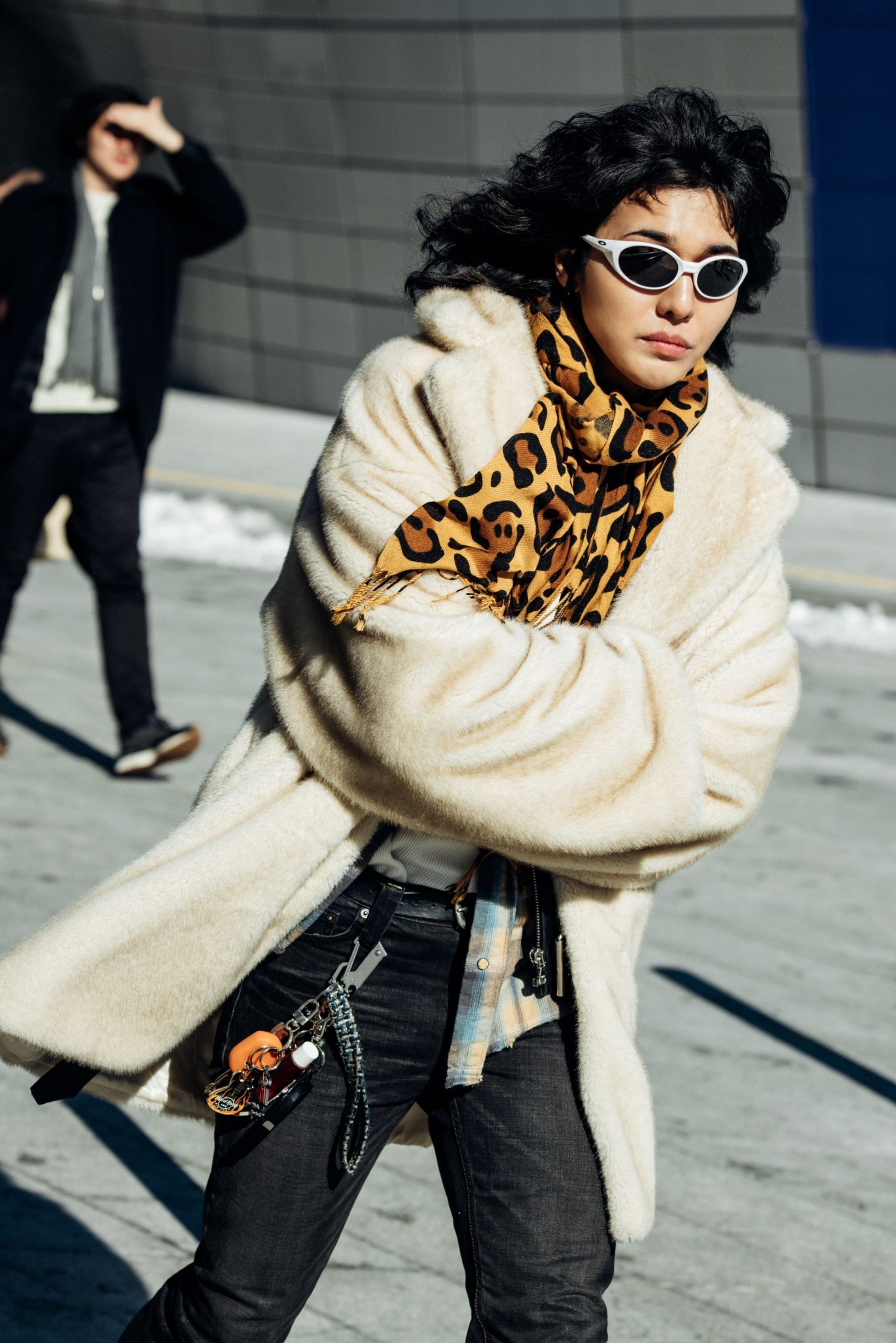 Oversized Faux Fur Coat with Plaid Accents — Korean Winter Outfits