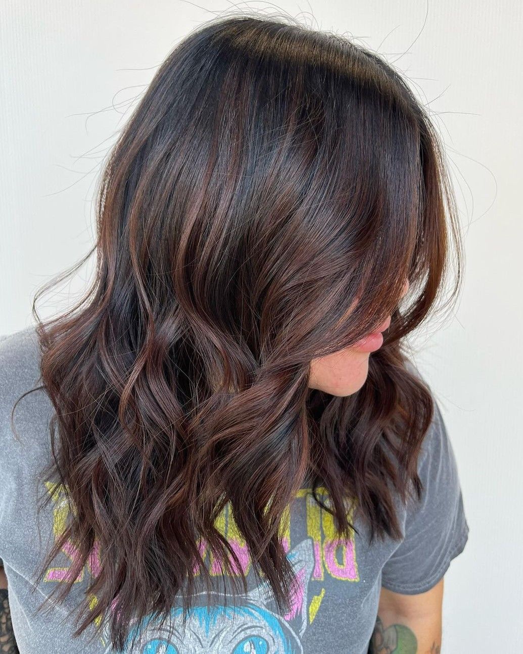 Collarbone Length Warm Chocolate With Curtain Bangs — Dark Chocolate Brown Hair