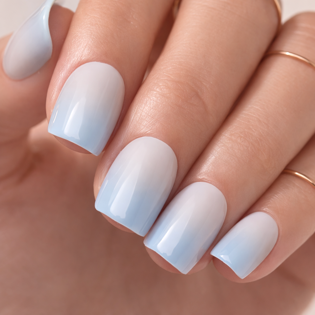 Icy Blue to White Glossy Gradient Nails Icy Blue to White Glossy Gradient Nails β Short Winter Gel Nails