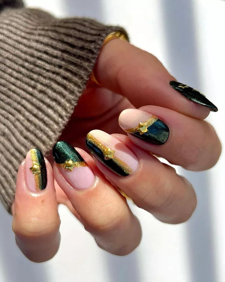 Deep Green Gold Accent Stiletto Nails — Winter Gold Nails