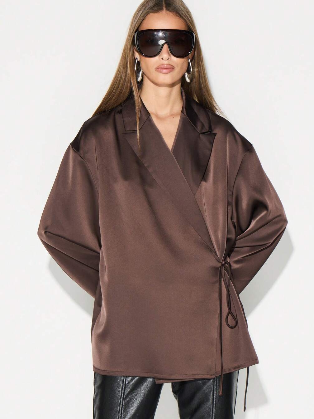Sophisticated Chocolate Brown Satin Wrap Blouse for Office Sophisticated Chocolate Brown Satin Wrap Blouse for Office β Chocolate Brown Outfits
