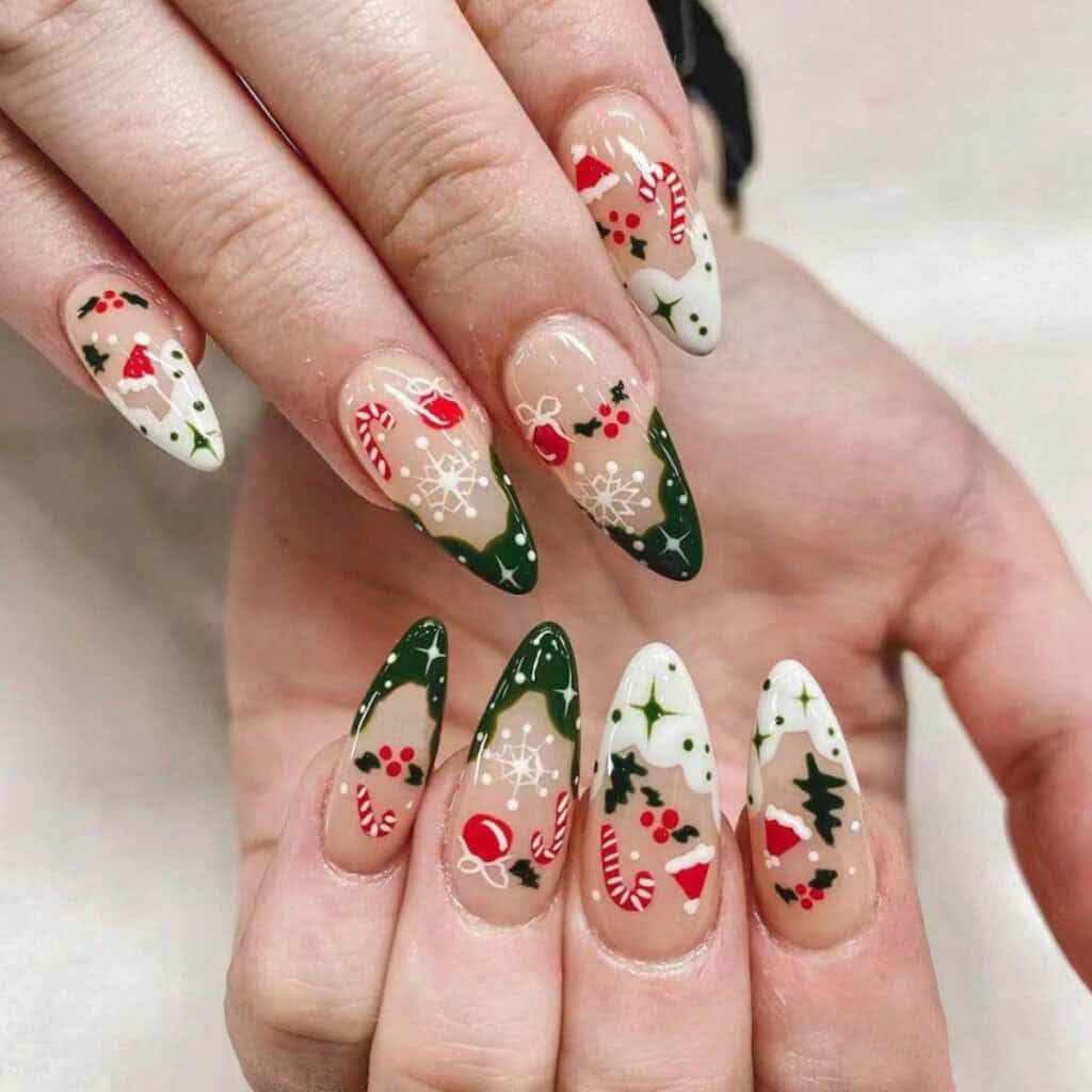 Full Motif Clear Stilettos — Red and Green Christmas Nails 2026