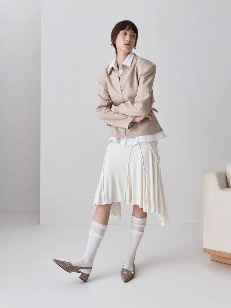 Beige Jacket with Draped Skirt and Checkered Flats — Neutral Winter Outfits
