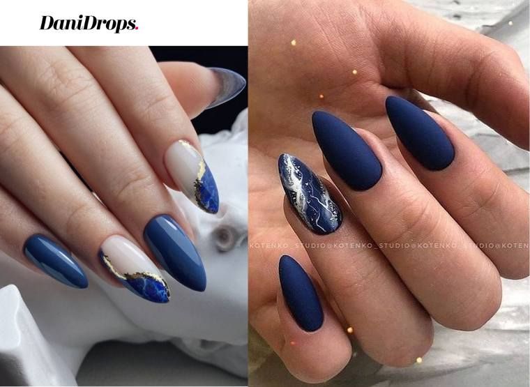 Navy Blue Marble with Gold Foil Medium Almond Nails Navy Blue Marble with Gold Foil Medium Almond Nails β Navy Blue Nails