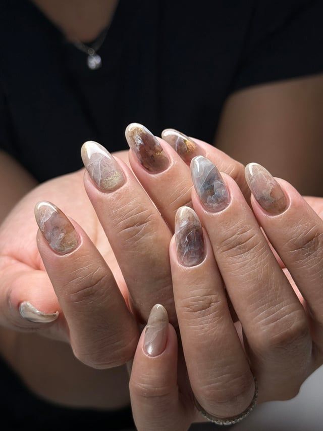 Ethereal Beige Marble with Shimmer — Winter Marble Nails