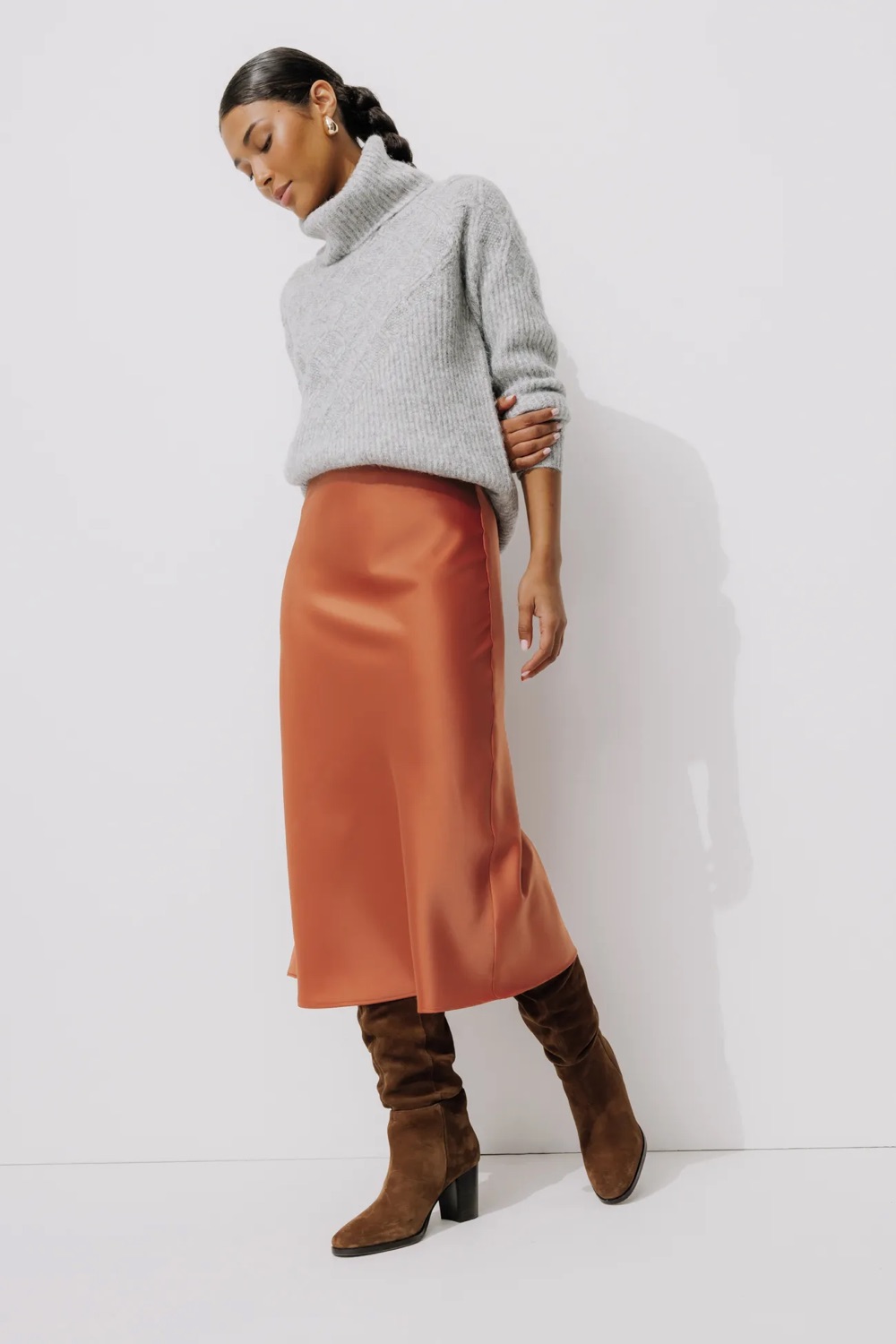 Burnt Orange Satin Midi Skirt with Grey Turtleneck and Suede Boots — Winter Skirt Outfits