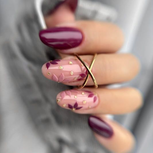 Glossy Burgundy Matte Leaf Decals Almond Glossy Burgundy Matte Leaf Decals Almond โ Fall to Winter Nails