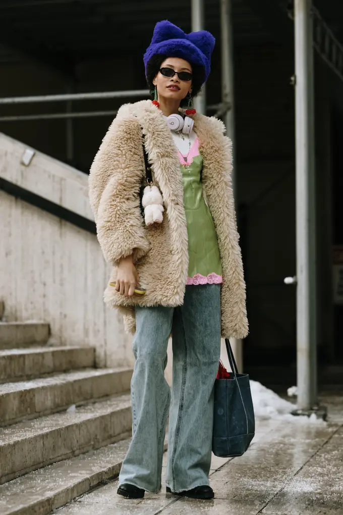 Eclectic Faux Fur Coat with Slip Dress and Jeans for a Unique Vibe — NYC Winter Outfits