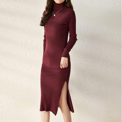 Burgundy Turtleneck Knit Dress with Side Slit Burgundy Turtleneck Knit Dress with Side Slit β Winter Date Night Outfits