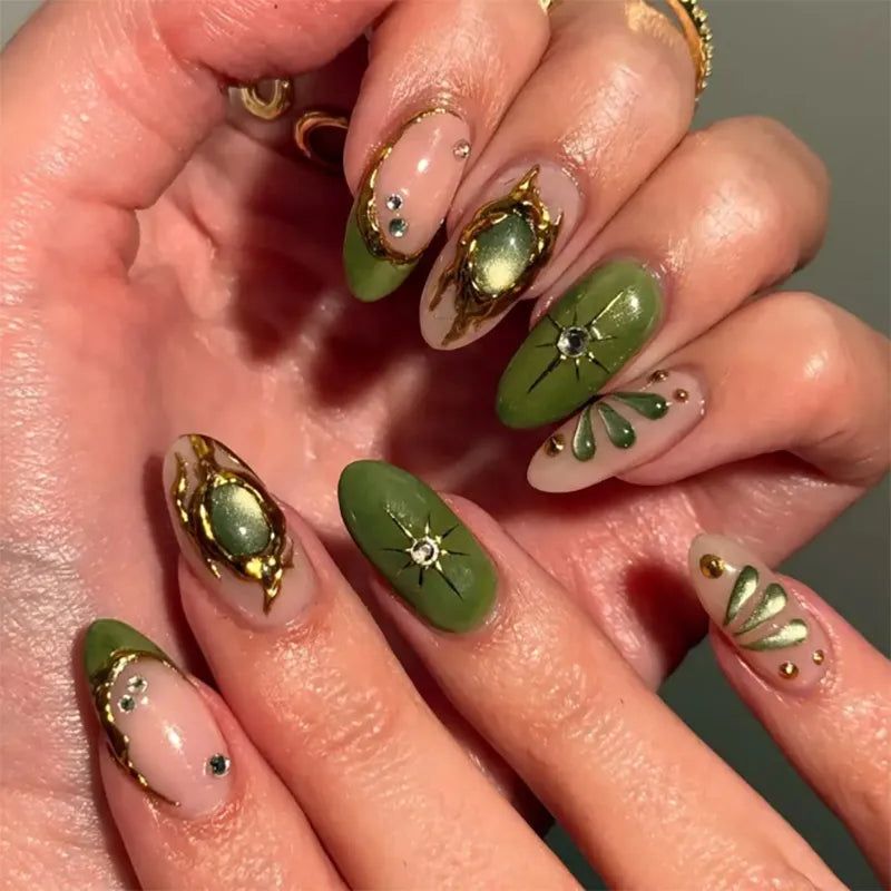 Medium Almond Olive Green Gold Embellishments — Emerald Green Nails