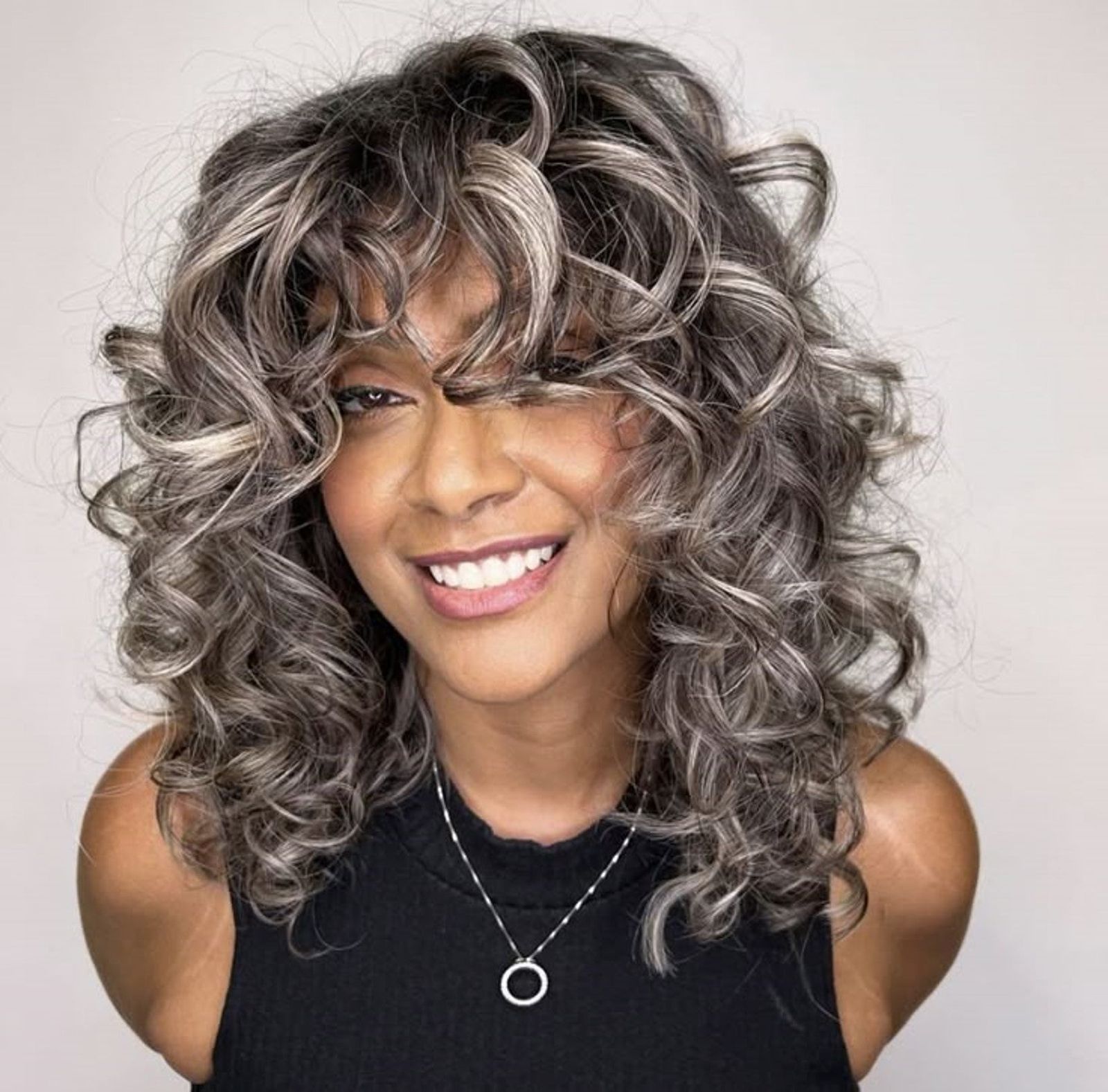 Collarbone Dark Gray Shag with Silver and Ash Blonde Highlights — Winter Hair Colors for Gray Hair