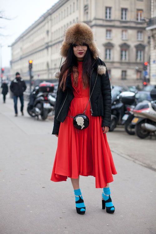 Large Brown Fur Hat with Red Dress and Puffer Jacket Large Brown Fur Hat with Red Dress and Puffer Jacket β Fur Hat Outfits