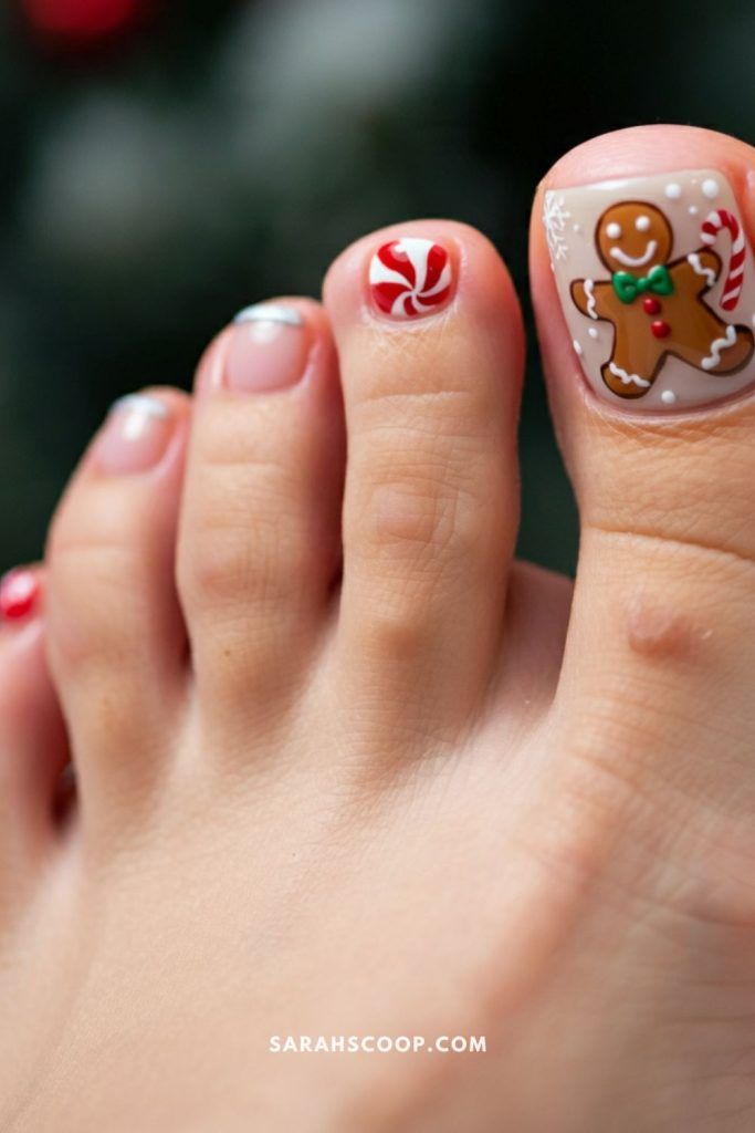 Playful Gingerbread Man and Candy Cane Toes Playful Gingerbread Man and Candy Cane Toes β Christmas Pedicure 2026