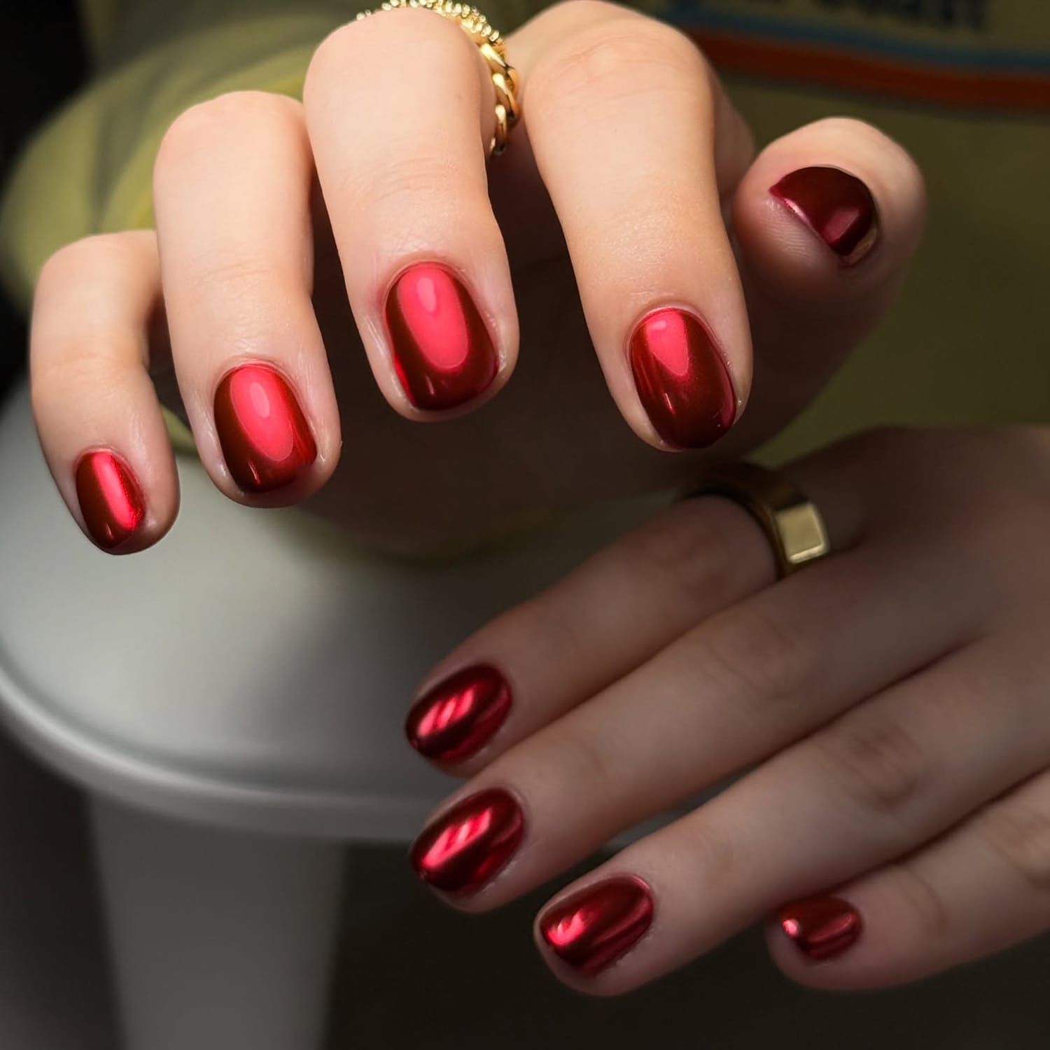 Short Oval Bright Metallic Chrome Short Oval Bright Metallic Chrome β Winter Red Nails