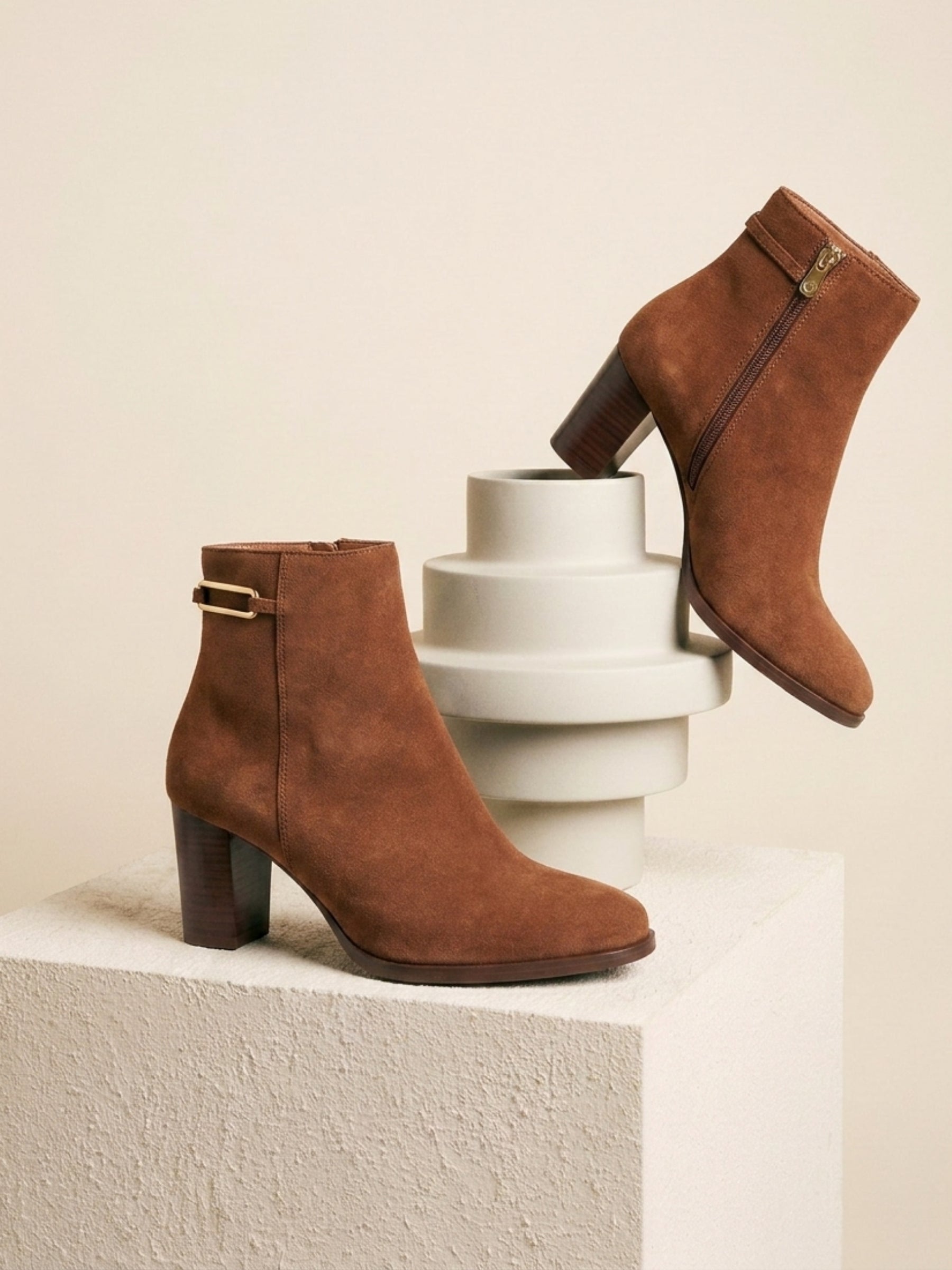 Brown Suede Heeled Ankle Boots with Gold Buckle Detail — Brown Boots Outfits
