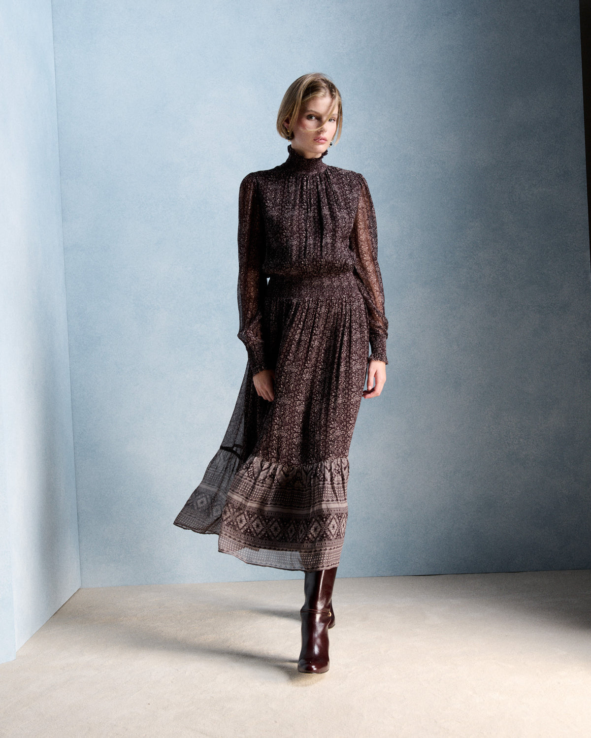 Flowy Printed Sheer Dress for Evening Elegance Flowy Printed Sheer Dress for Evening Elegance β Dressy Winter Outfits