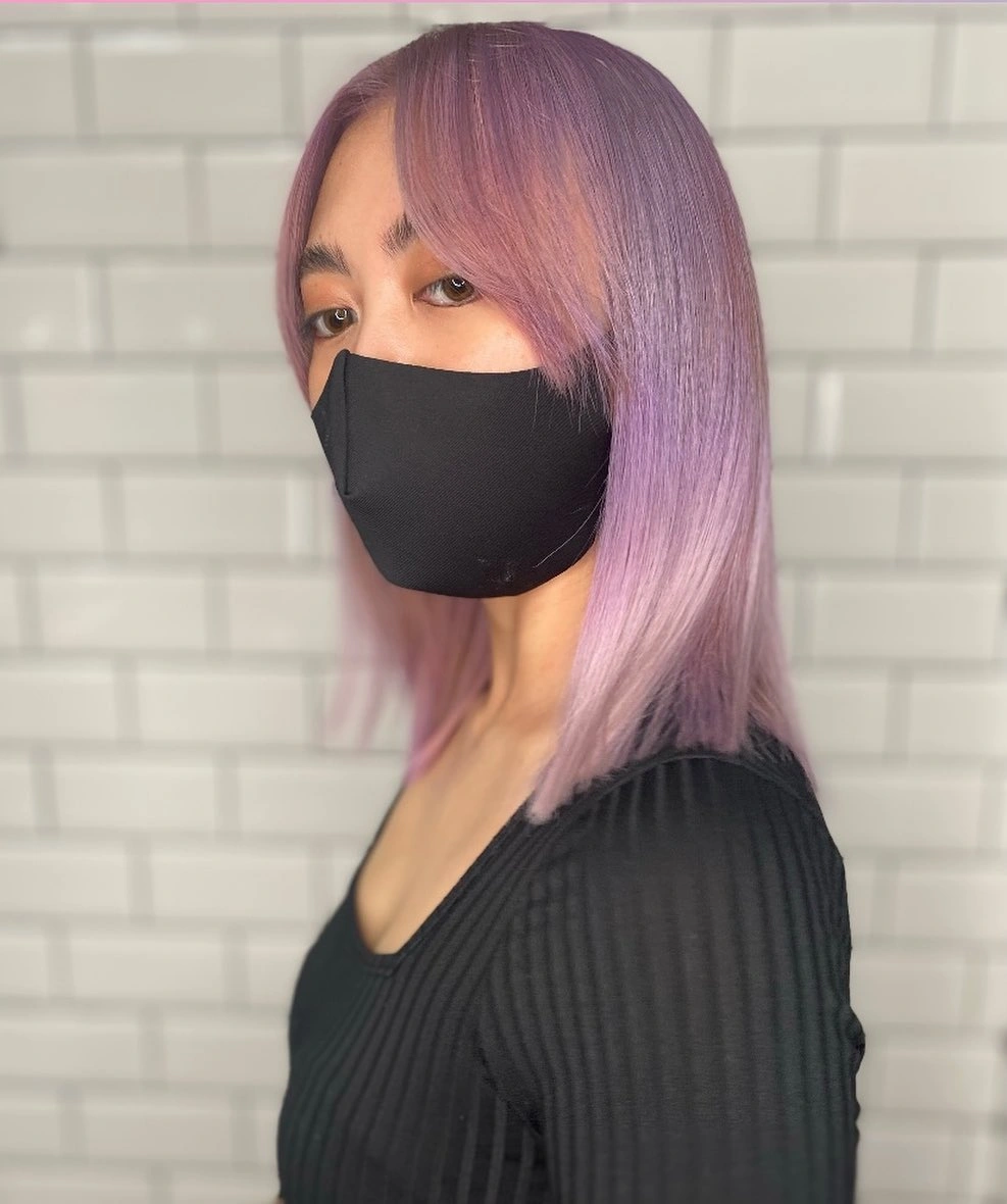 Straight shoulder-length dusty mauve hair with pale lilac ends Straight shoulder-length dusty mauve hair with pale lilac ends