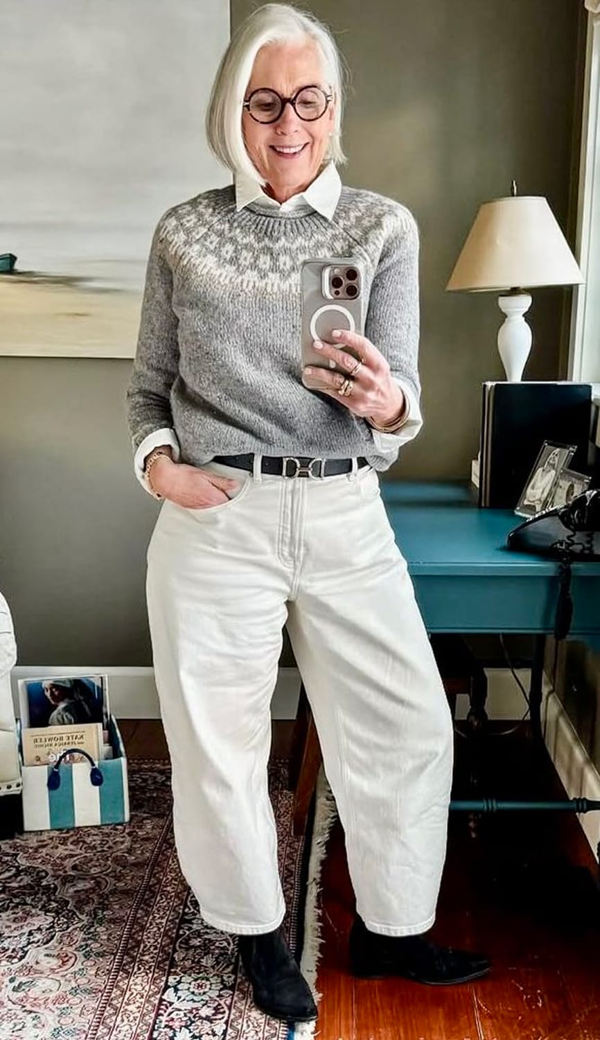 Fair Isle Sweater with Collared Shirt and White Jeans Fair Isle Sweater with Collared Shirt and White Jeans β Winter Outfits for Women Over 60