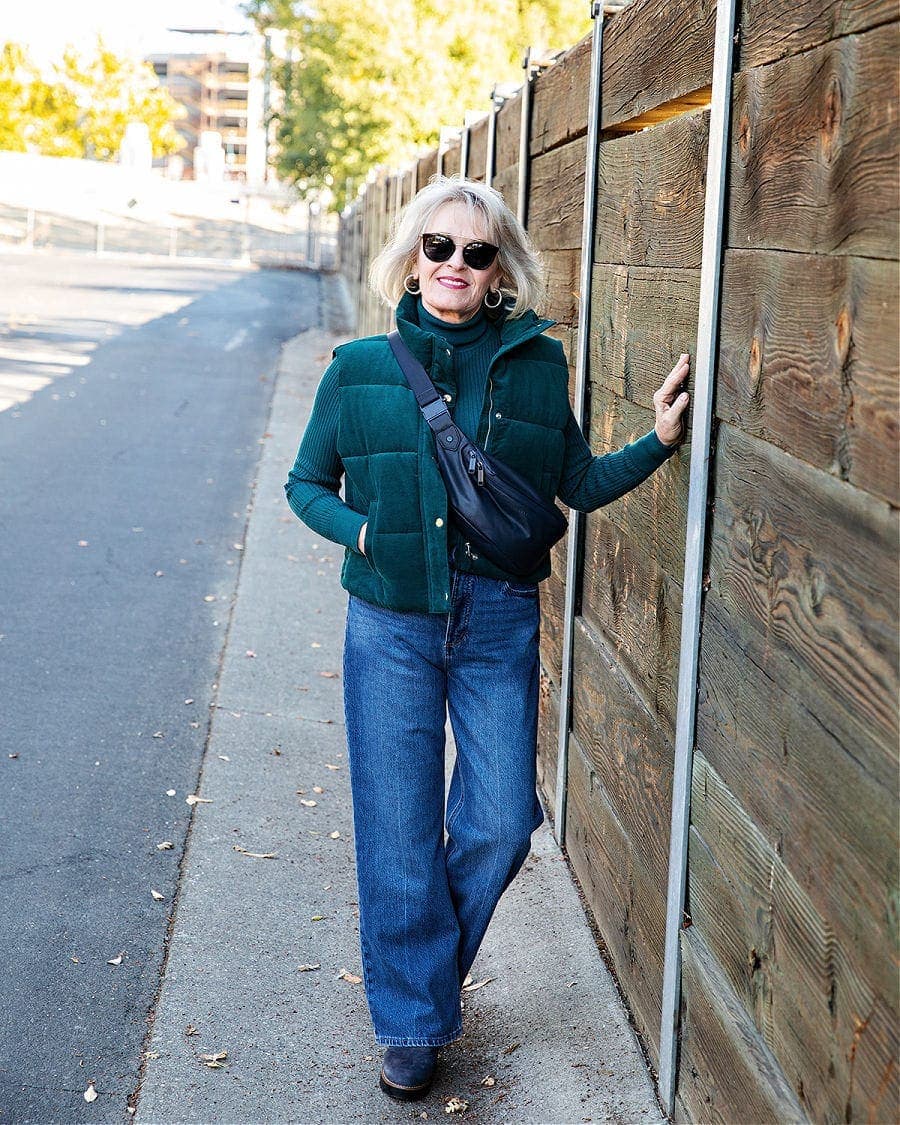 Green Velvet Vest Adds Texture to Casual Look Green Velvet Vest Adds Texture to Casual Look β Winter Outfits for Women Over 60