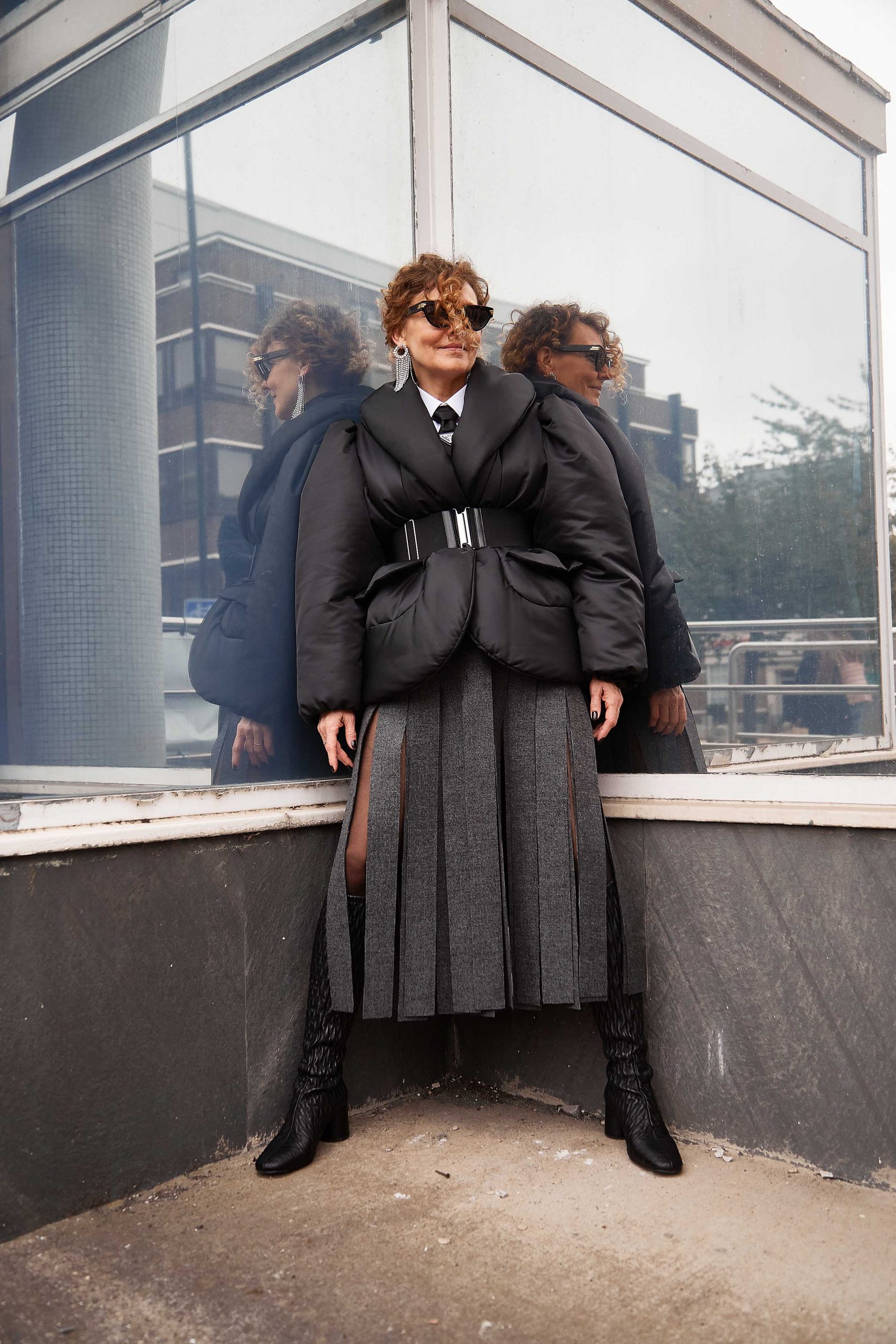 Edgy Puffer Jacket Over Shirt and Tie with Pleated Skirt Edgy Puffer Jacket Over Shirt and Tie with Pleated Skirt β Winter Outfits for Women Over 60