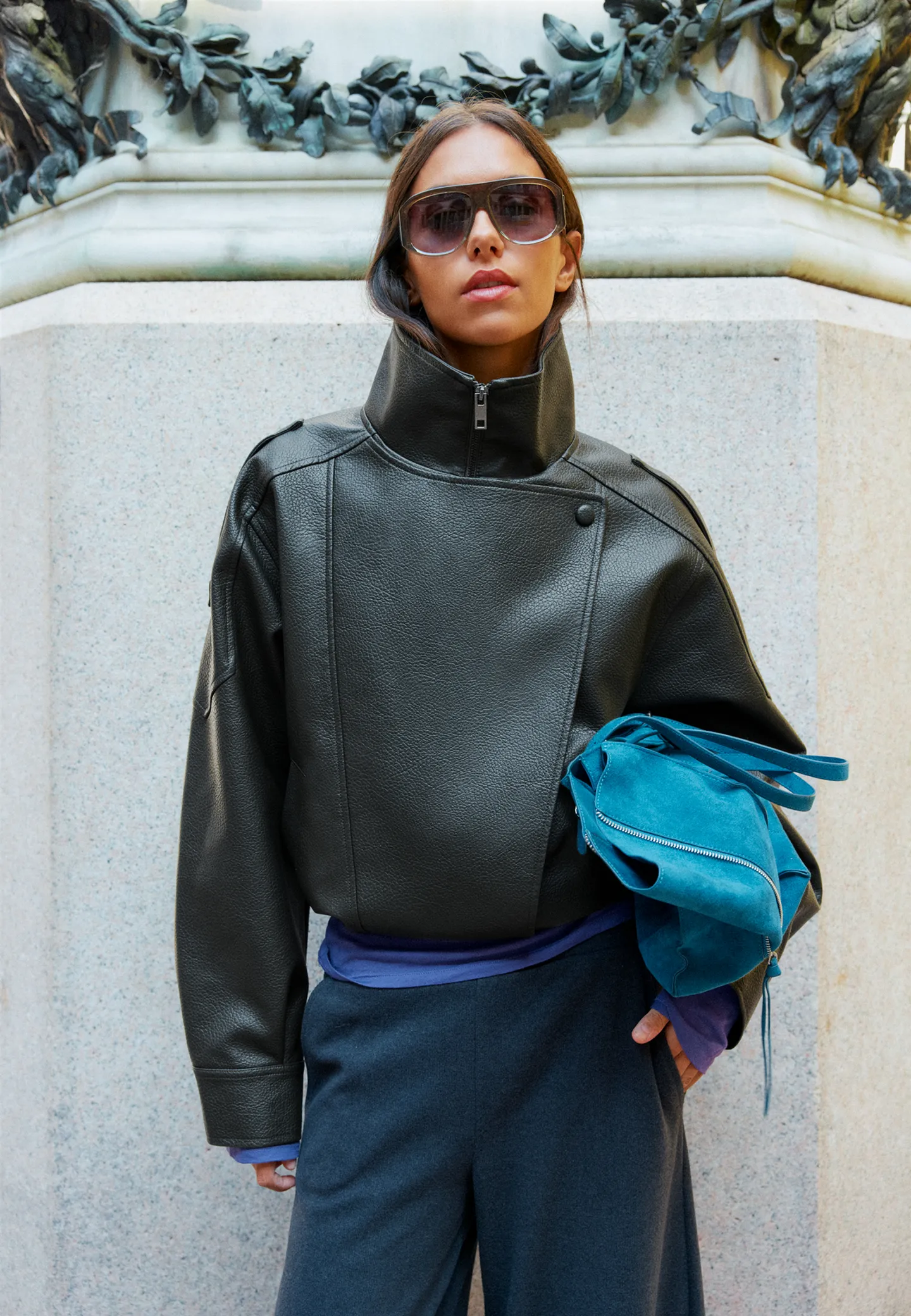 Edgy Black Leather Jacket with Purple Top and Teal Bag Edgy Black Leather Jacket with Purple Top and Teal Bag β Classy Winter Outfits