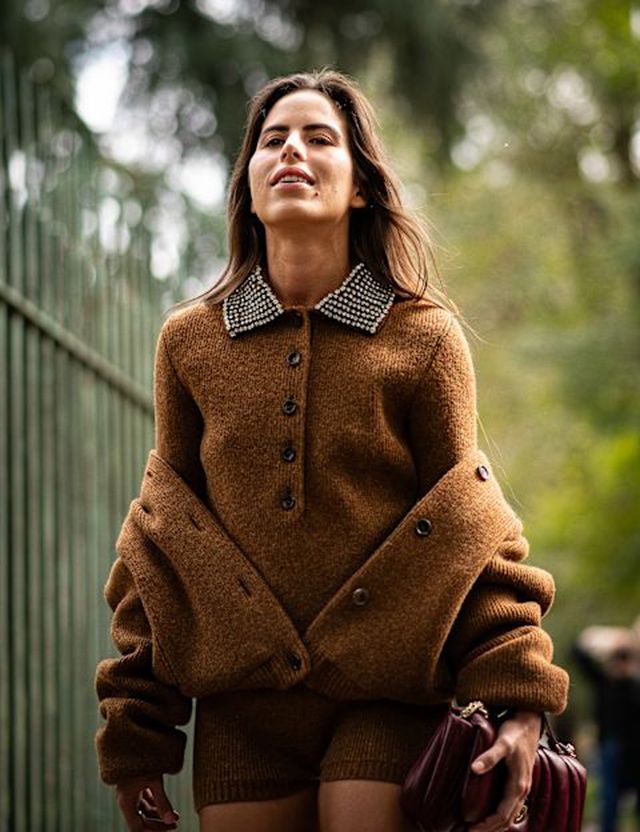 Sparkling Embellished Brown Knit Sweater with Matching Shorts Sparkling Embellished Brown Knit Sweater with Matching Shorts β Classy Winter Outfits
